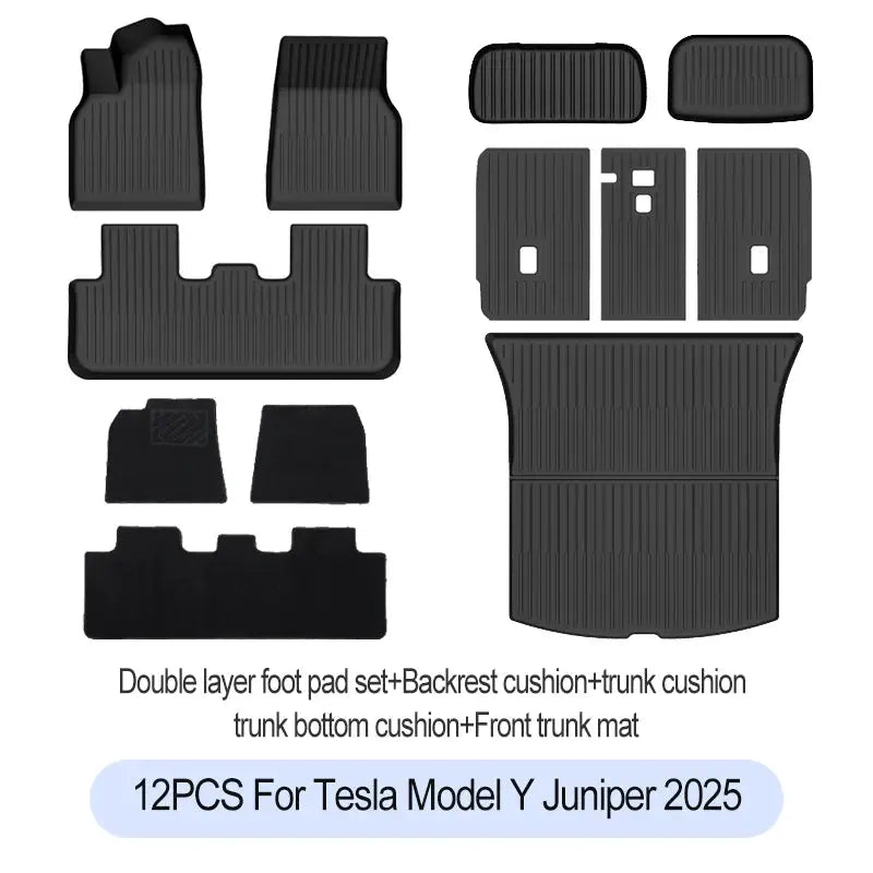 Tesla Model Y 12-piece black TPE floor mats set for 2025+; Simples Market includes front, rear and trunk mats.