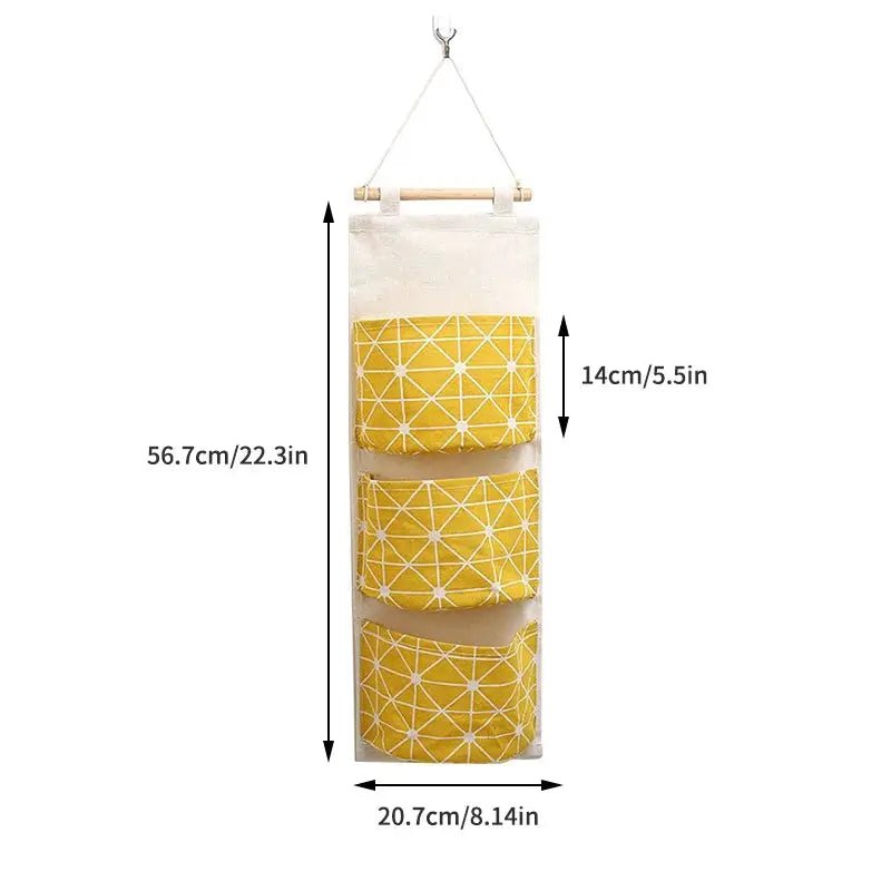 Three Pocket Hanging Wall Storage Bag Cotton Linen Organizer For Bedroom Living Room Kitchen Door Or Wall Mount - Simples Market