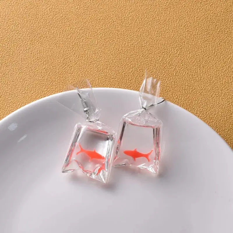 Koi fish drop earrings with clear rectangular pendant showing orange fish, set of 2