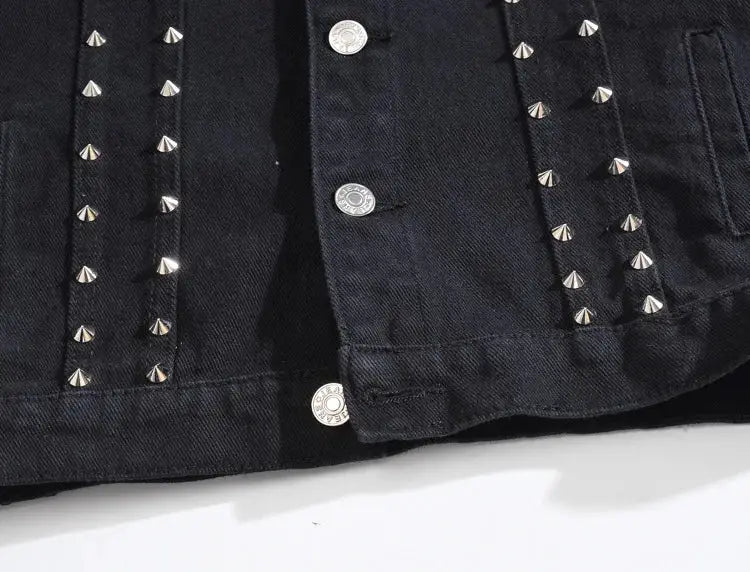 Simples Market men's black denim sleeveless vest with metal studs and silver buttons.