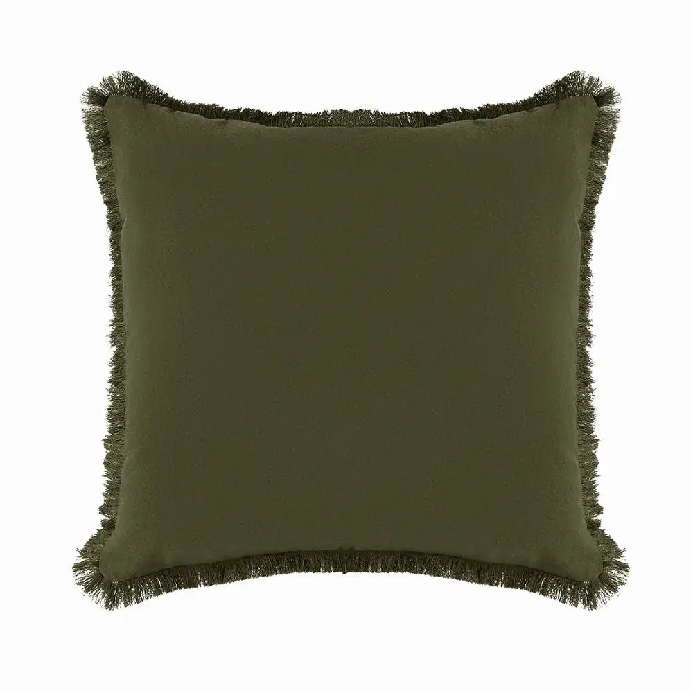 Boho throw pillow cover in olive green with fringed tassel edges; square decorative cushion, sizes 30x50/45x45/50x50.