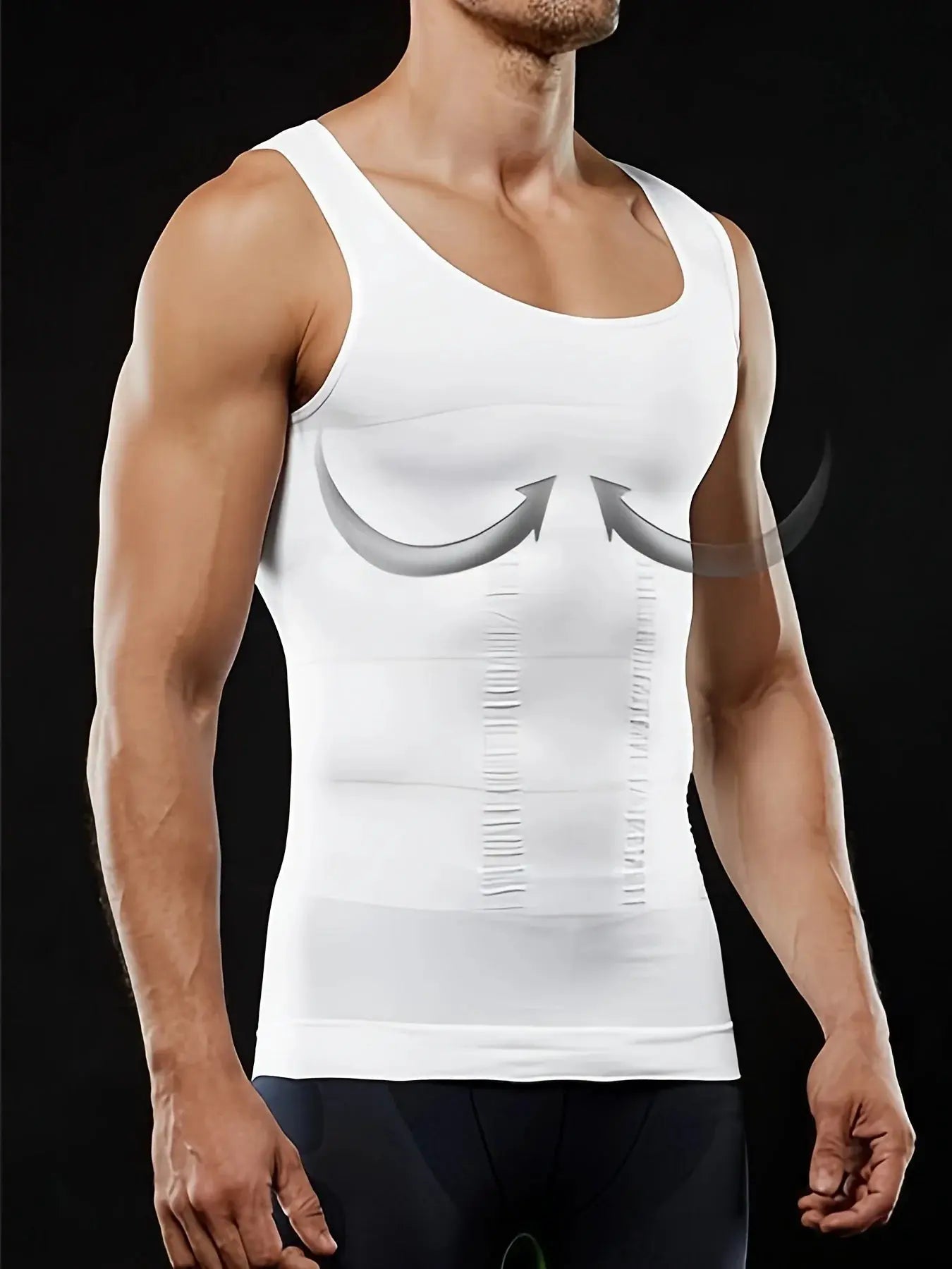 Men's white compression body-shaper tank top with torso contour panels