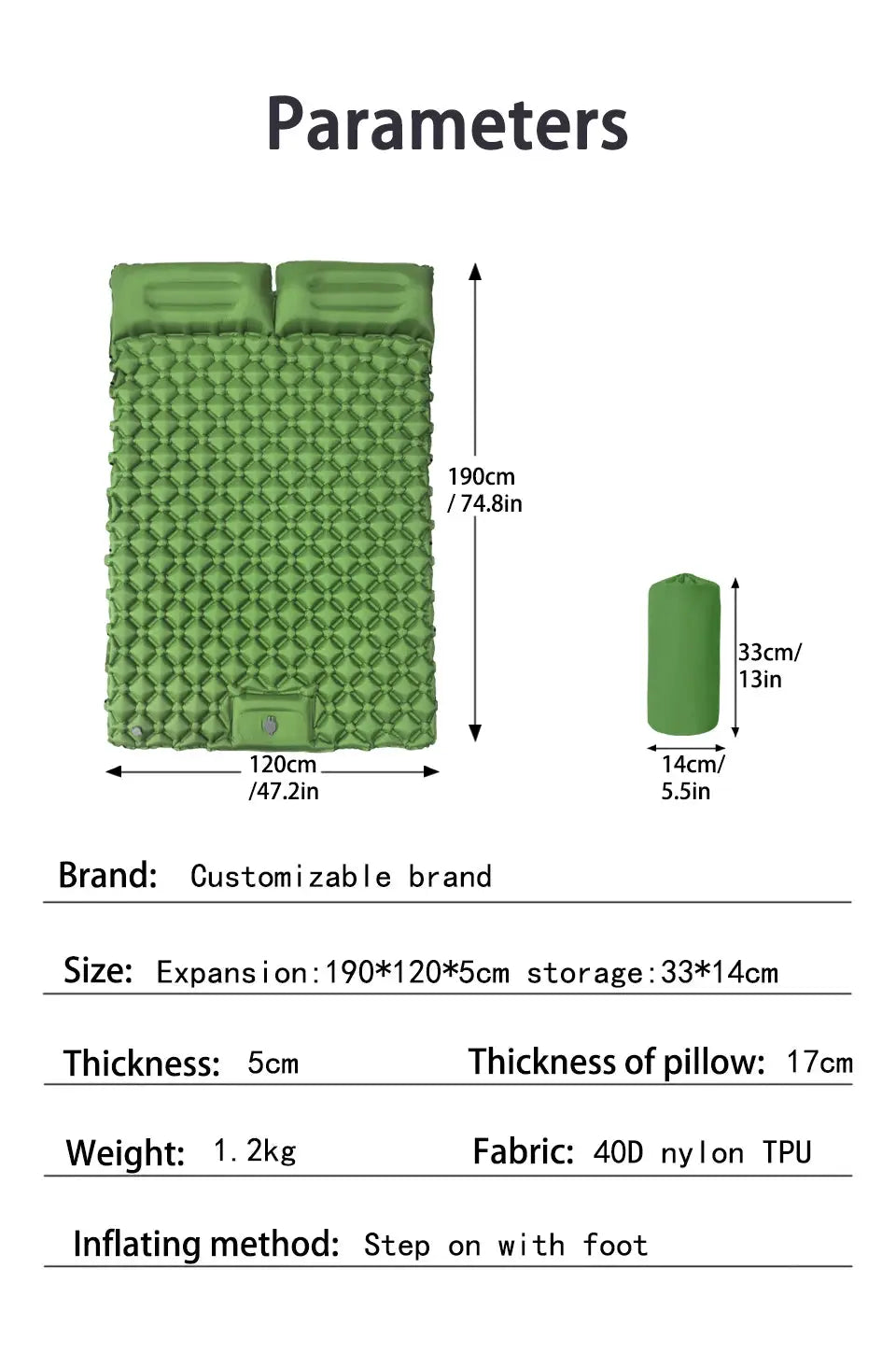 Simples Market outdoor camping double inflatable mattress, extra wide green sleeping pad with 190×120×5 cm dimensions