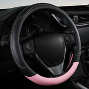 Steering wheel cover, PU leather, black with pink accent, anti-slip, universal fit