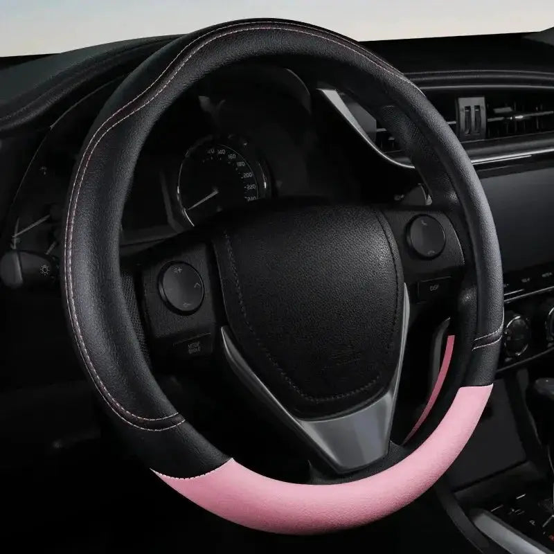 Steering wheel cover, PU leather, black with pink accent, anti-slip, universal fit