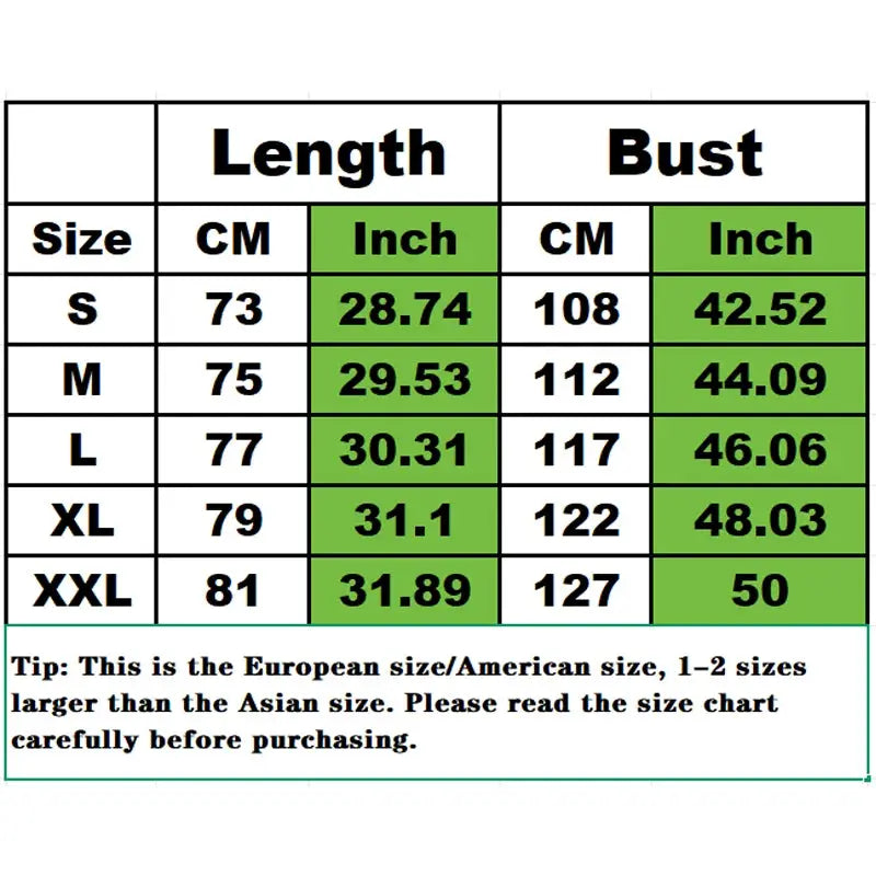 Men's casual shirt size chart by Simples Market; length and bust measurements for S–XXL (cm/in)