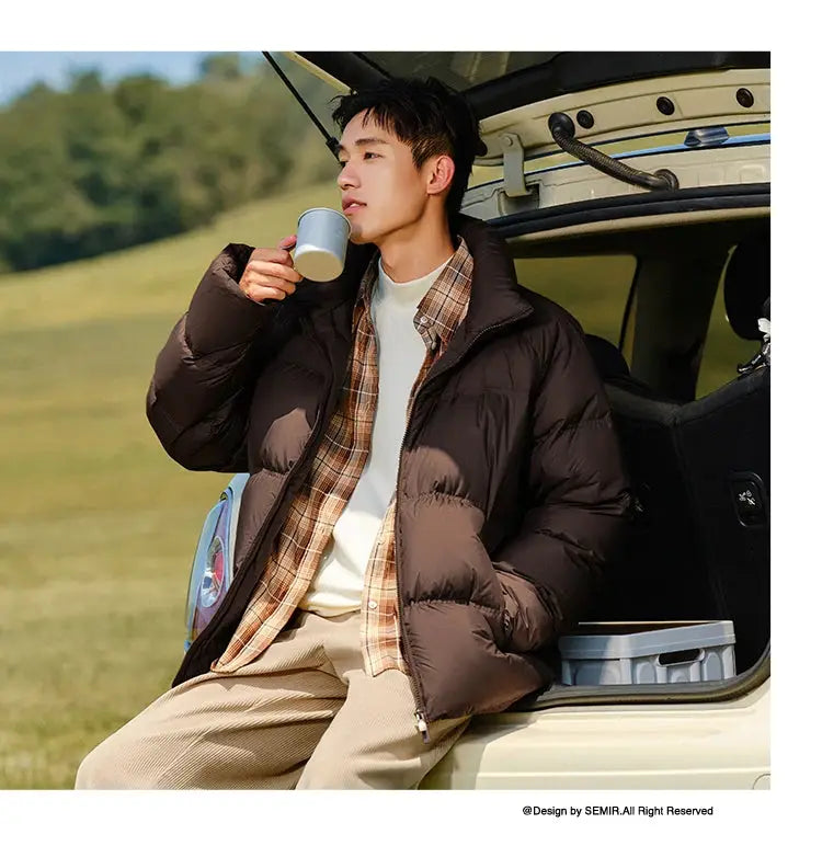 Simples Market down jacket, brown puffer coat, unisex short coat