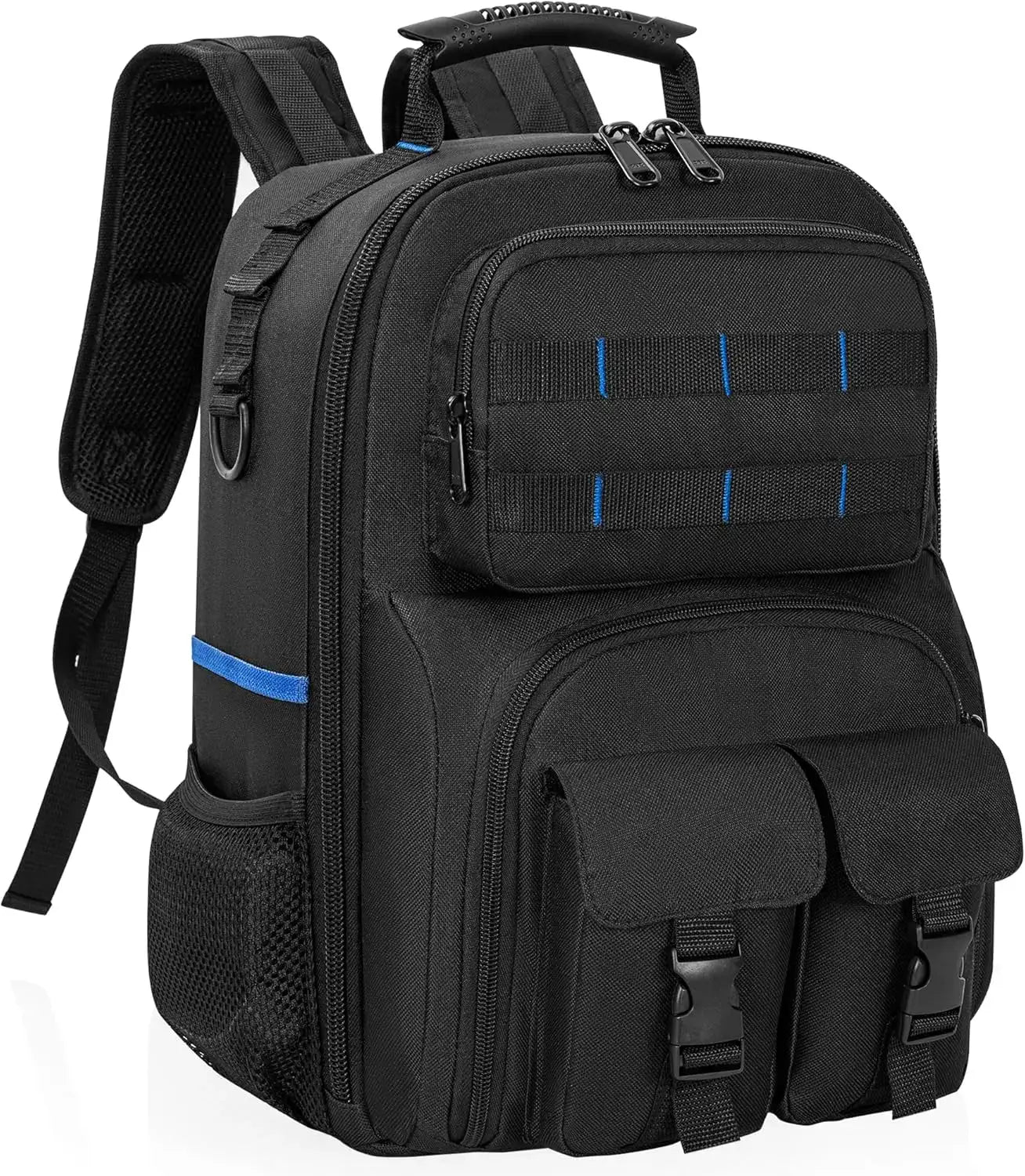 Simples Market tool backpack with padded shoulder straps, removable tool organizer, black water-resistant work bag