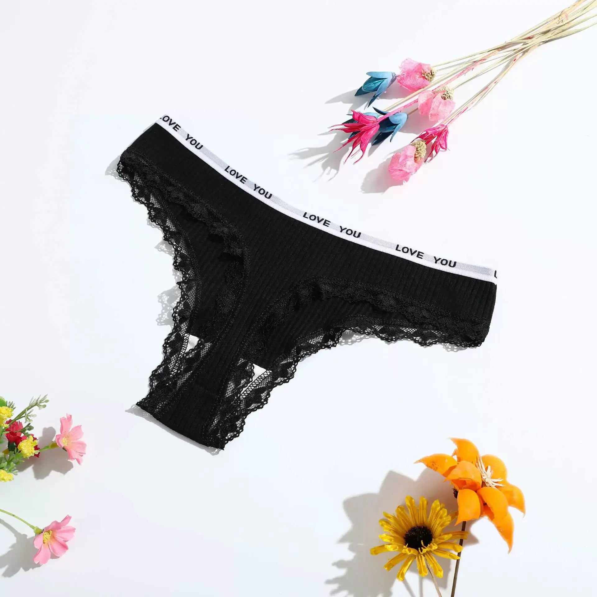 Simples Market black lace thong underwear with white LOVE YOU waistband, low-rise T-back style