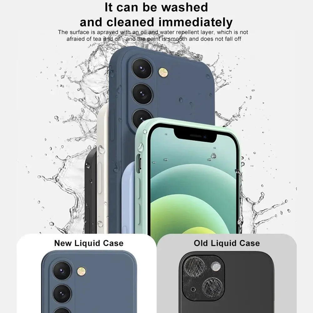 Simples Market luxury liquid silicone case for Samsung Galaxy phones, blue; two cases shown (new/old).