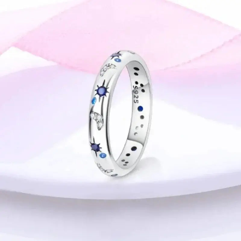 New Celestial Blue Sparkling Moon Sun Star Crystal Ring for Women Fashion Elegant Stackable Band Jewelry Gifts
