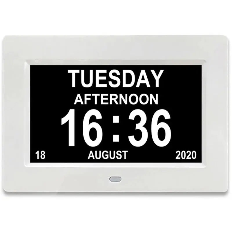 12-Alarm LED Calendar Clock by Simples Market in white frame with multilingual display