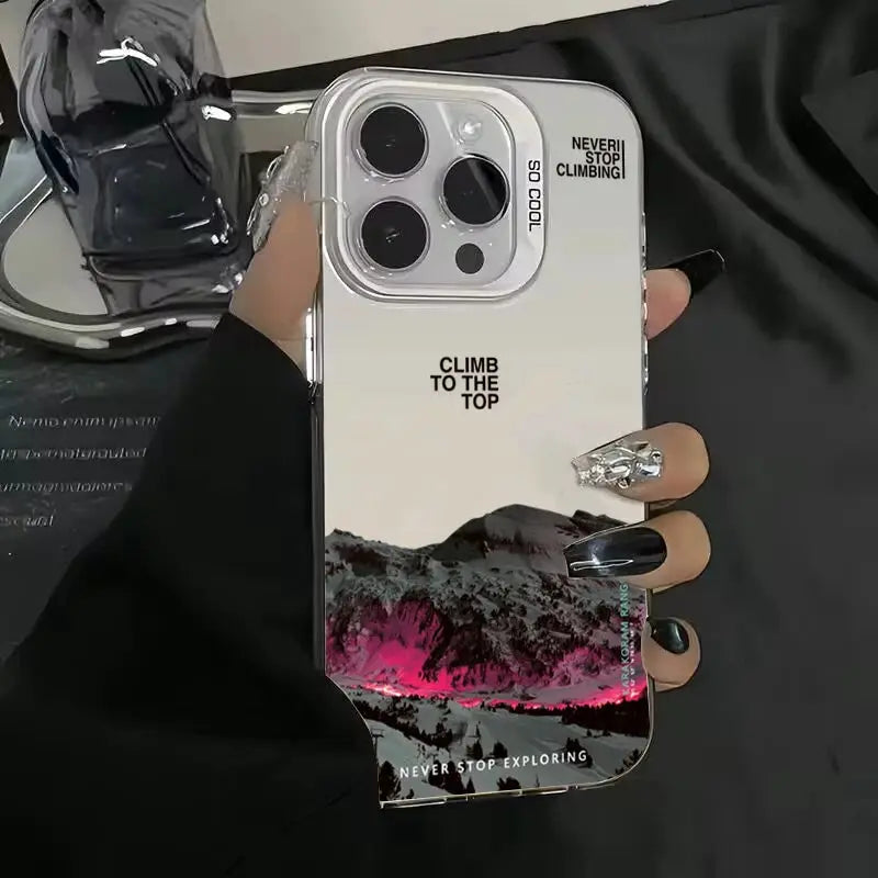 SnowPeak Snow Mountain Sunset Electroplate Phone Case For iPhone 11 To 16 Pro Max Durable Silver Shield