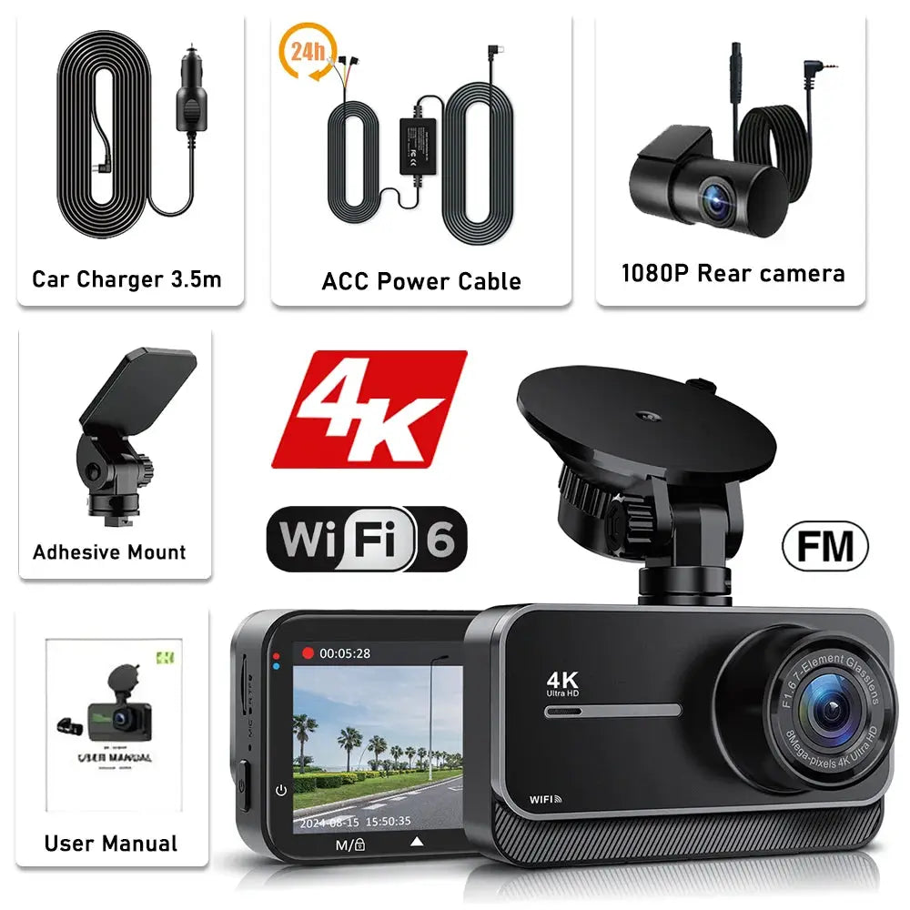 Simples Market 4K car dash cam with front and rear cameras, WiFi 6, black; includes 5 accessories