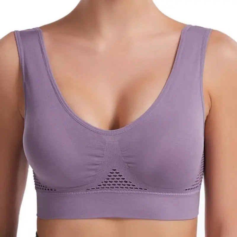 S-7XL Plus Size Grid Air Holes Sports Bra lavender wireless hollow-out mesh panel for yoga and running