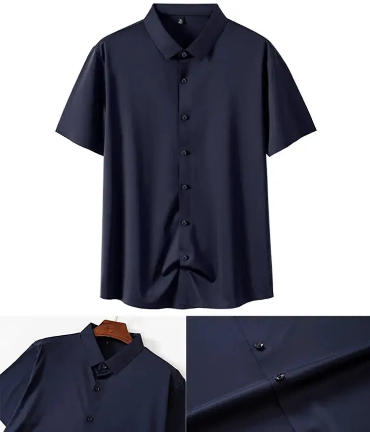Men's navy short-sleeve dress shirt with front buttons and wrinkle-free fabric