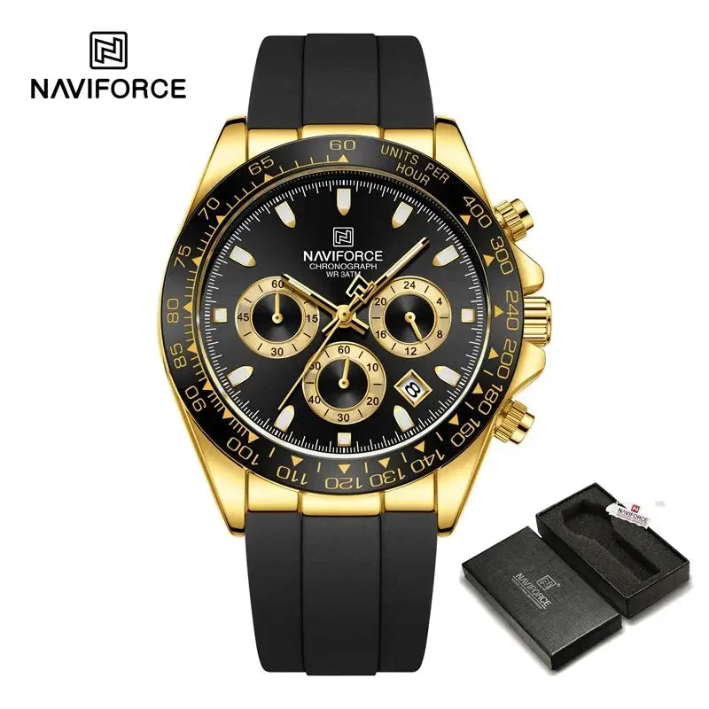 Naviforce NF8054 men's chronograph watch with gold-tone case, black dial, silicone strap, luminous markers