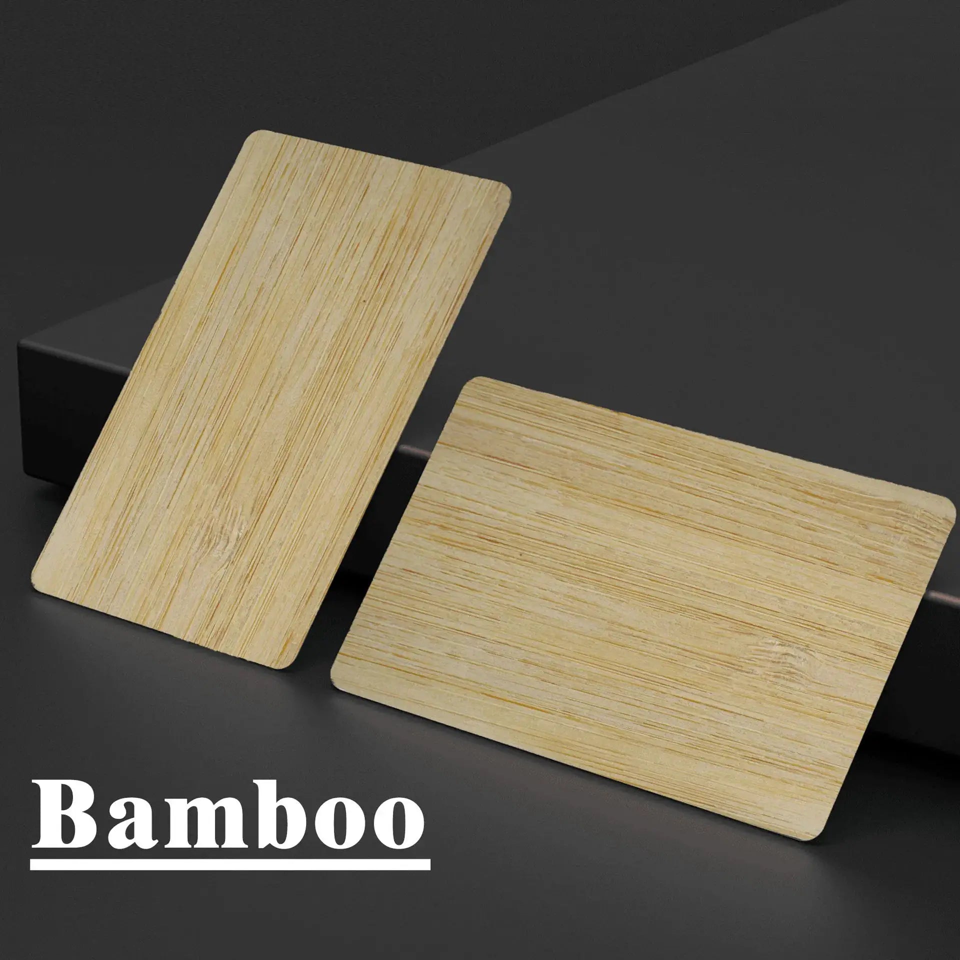 3 wooden bamboo NFC cards on dark background, RFID 13.56MHz