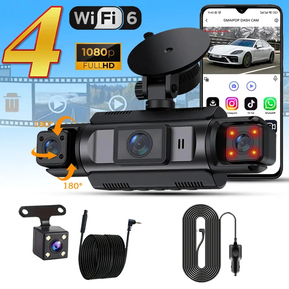 4Ch WiFi DashCam by Simples Market with front/rear/left/right cams, 1080p, night vision, loop recording, hardwire kit.