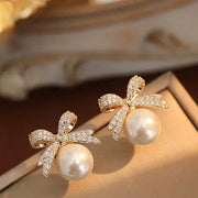 Sparkling Rhinestone Bow Pearl Stud Earrings for Women Light Luxury Fashion Jewelry Gift for Wedding Birthday