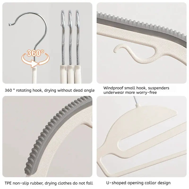 10-piece white anti-slip clothes hanger set with a 360° rotating hook and grey non-slip rim