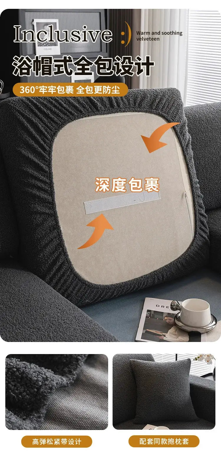 Sofa cover by Simples Market – 2026 Premium Winter Thermal Teddy Fleece, dark gray, non-slip elastic.