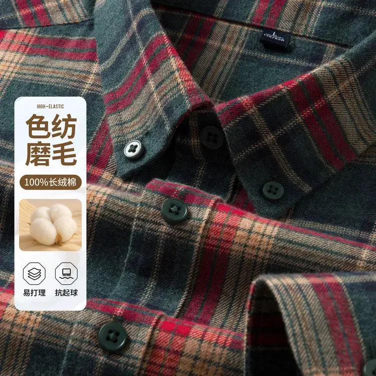 Simples Market men's 100% cotton flannel shirt, plaid multi-color green, red, tan with dark buttons