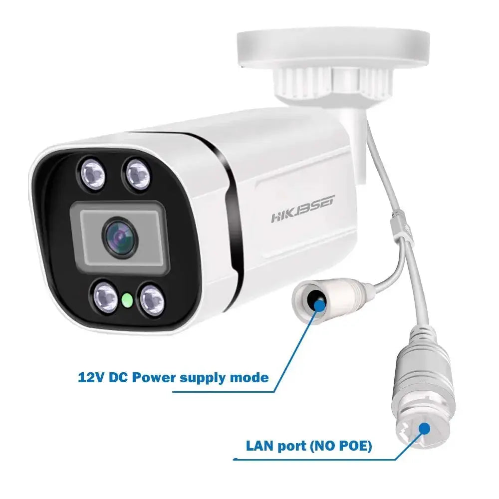 White 4K IP bullet security camera with 12V DC power option and LAN port (no PoE), weatherproof.