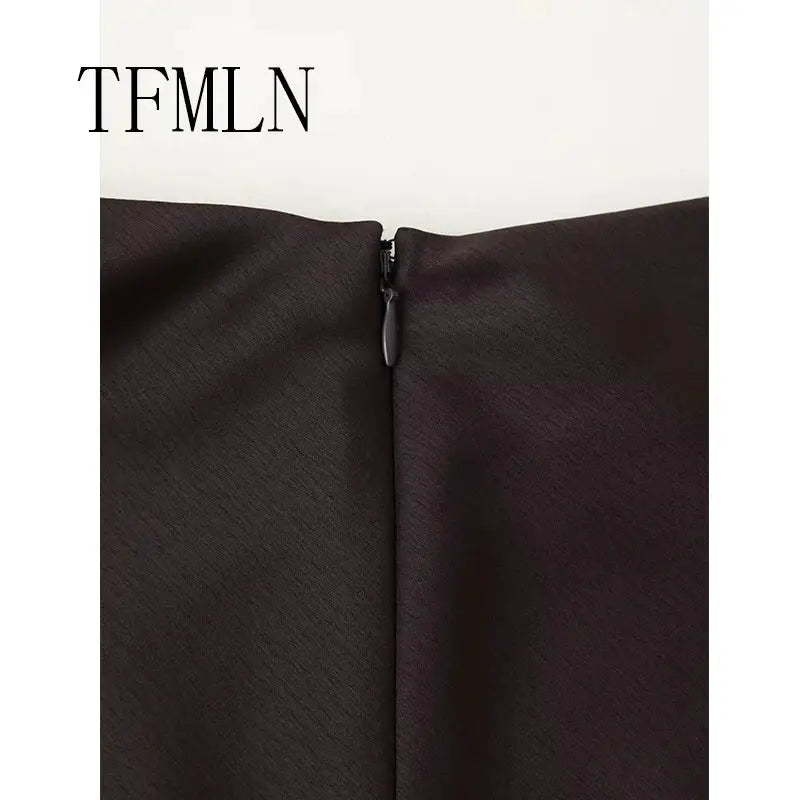 TFMLN satin long wrap-around skirt in dark brown with center-back zipper