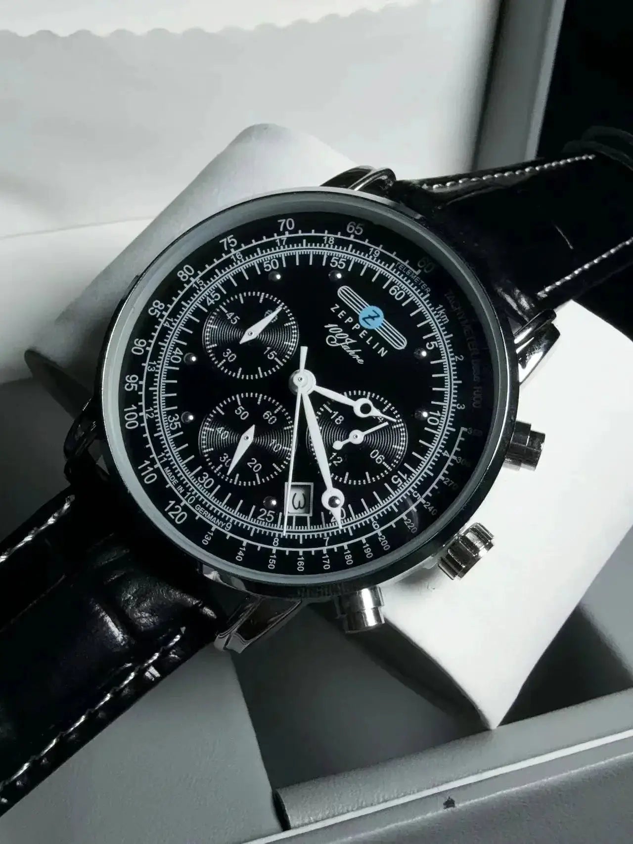 Zeppelin automatic men's chronograph watch with black dial and black leather strap