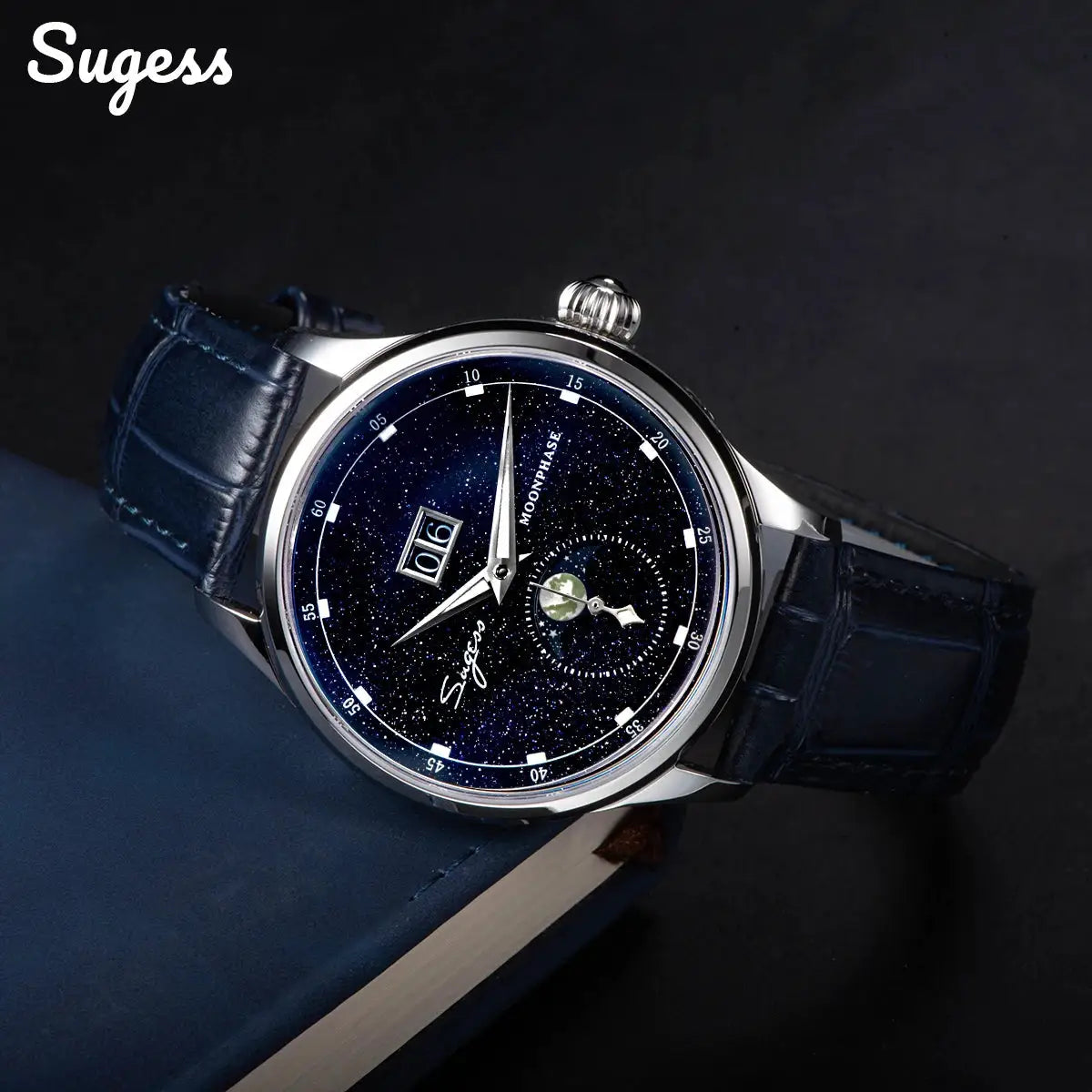 Sugess Moonphase men's watch with blue sandstone dial, stainless steel case, and blue leather strap.
