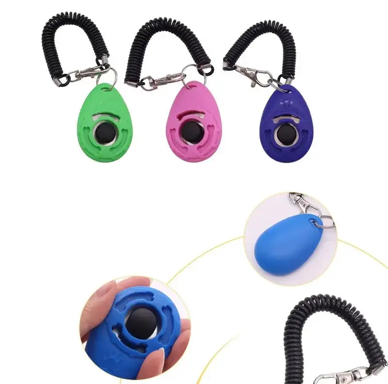 Adjustable dog training clicker by Simples Market with wrist strap and keychain in green, pink and blue (set of 3).