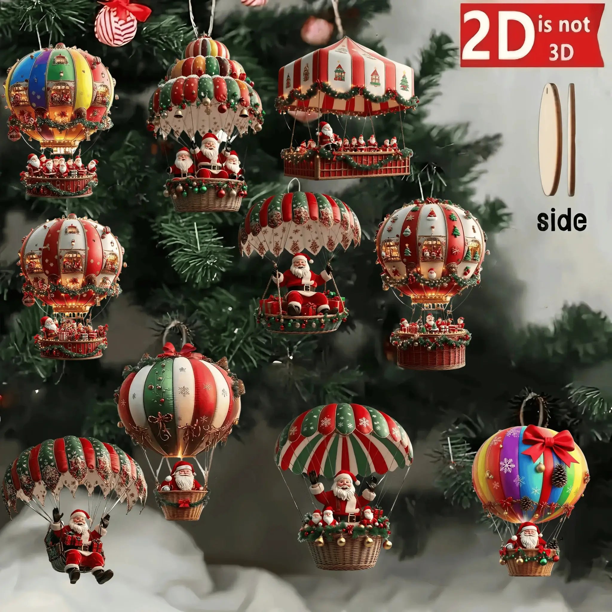 10 Piece Christmas Wooden Pendants Set 2D Flat Hot Air Balloon Santa Claus For Christmas Tree Decoration And Gift