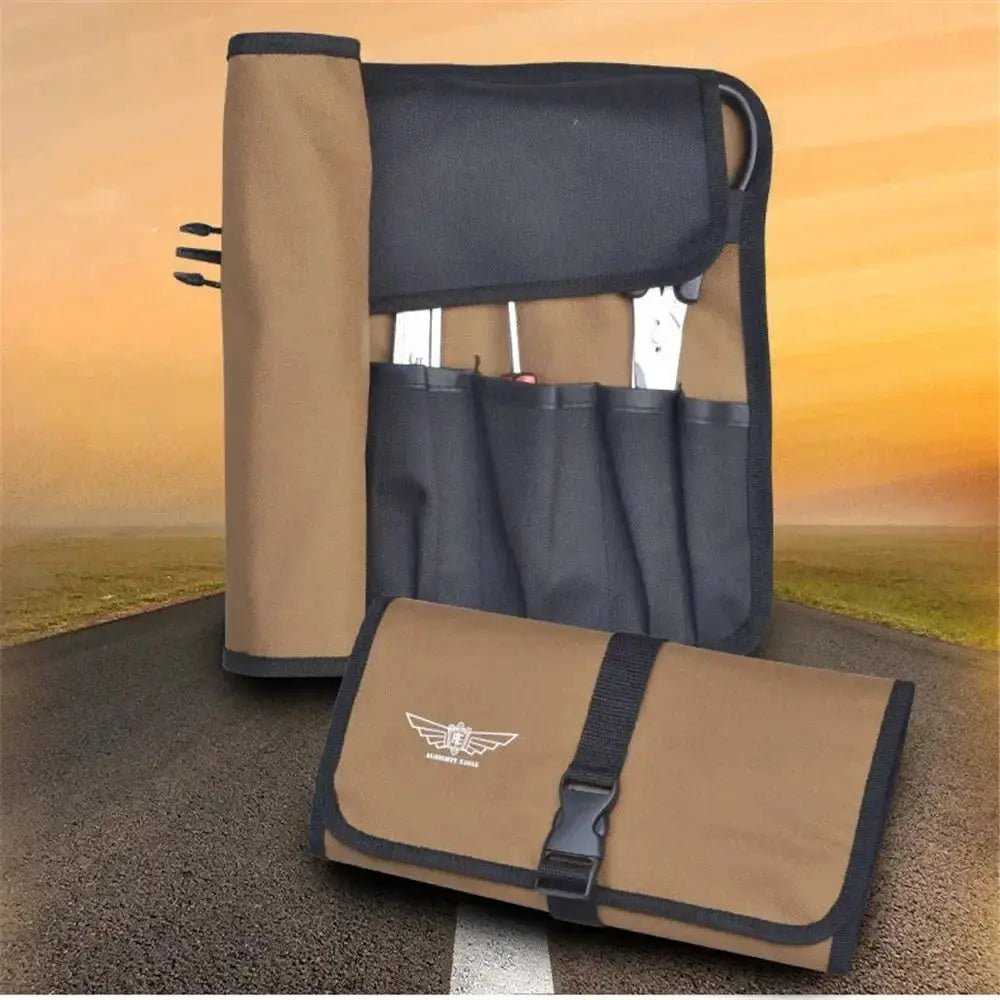 Two-piece Oxford cloth tool roll set by Simples Market with black trim and brown carry pouch.