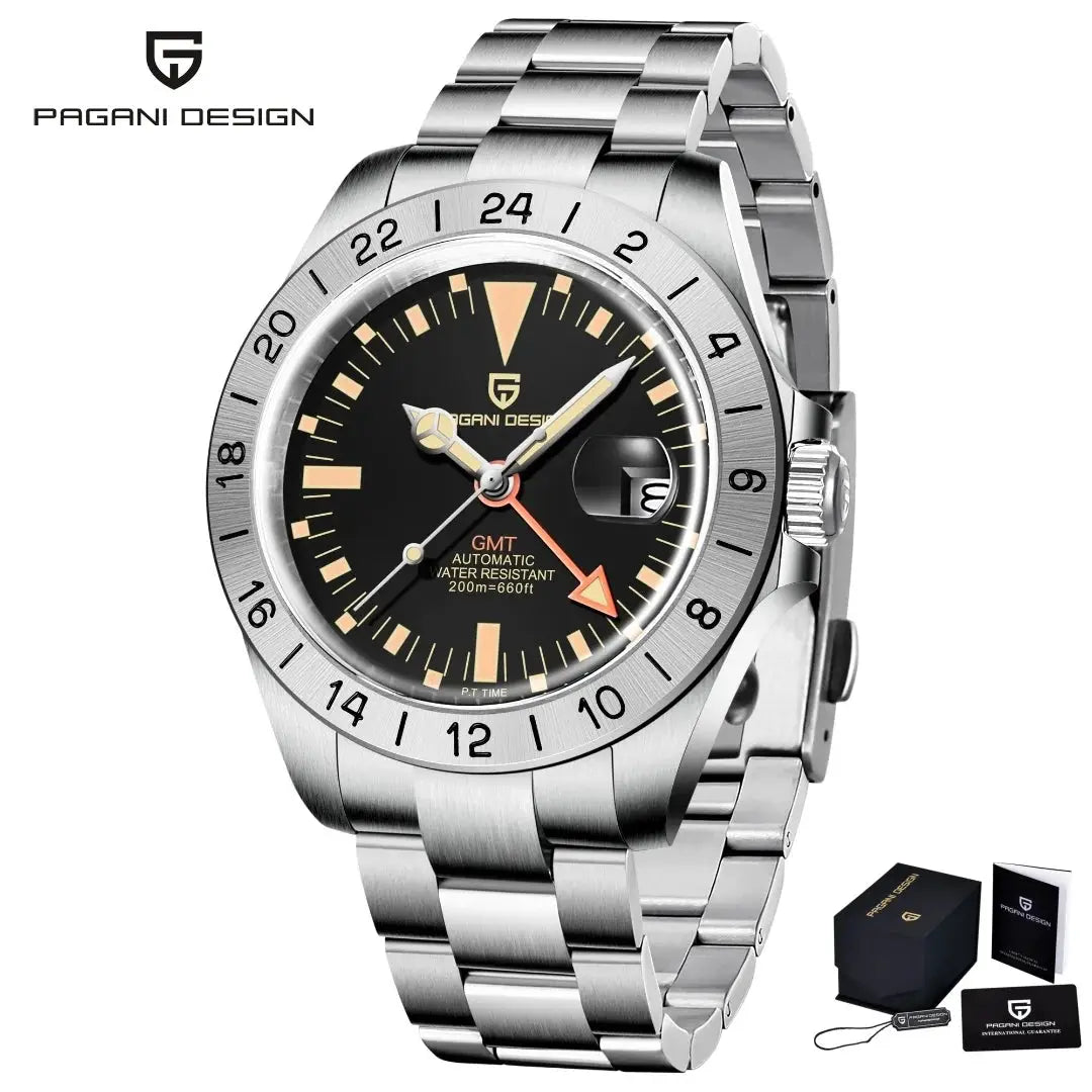 Pagani Design GMT men's stainless steel automatic watch with black dial, 24h bezel, 200m water resistant