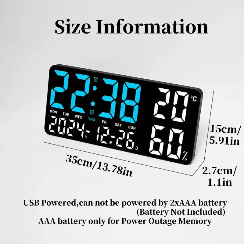 Digital wall clock with blue LED digits, 7-color mood light, date, temperature and humidity, 12/24h format; USB powered