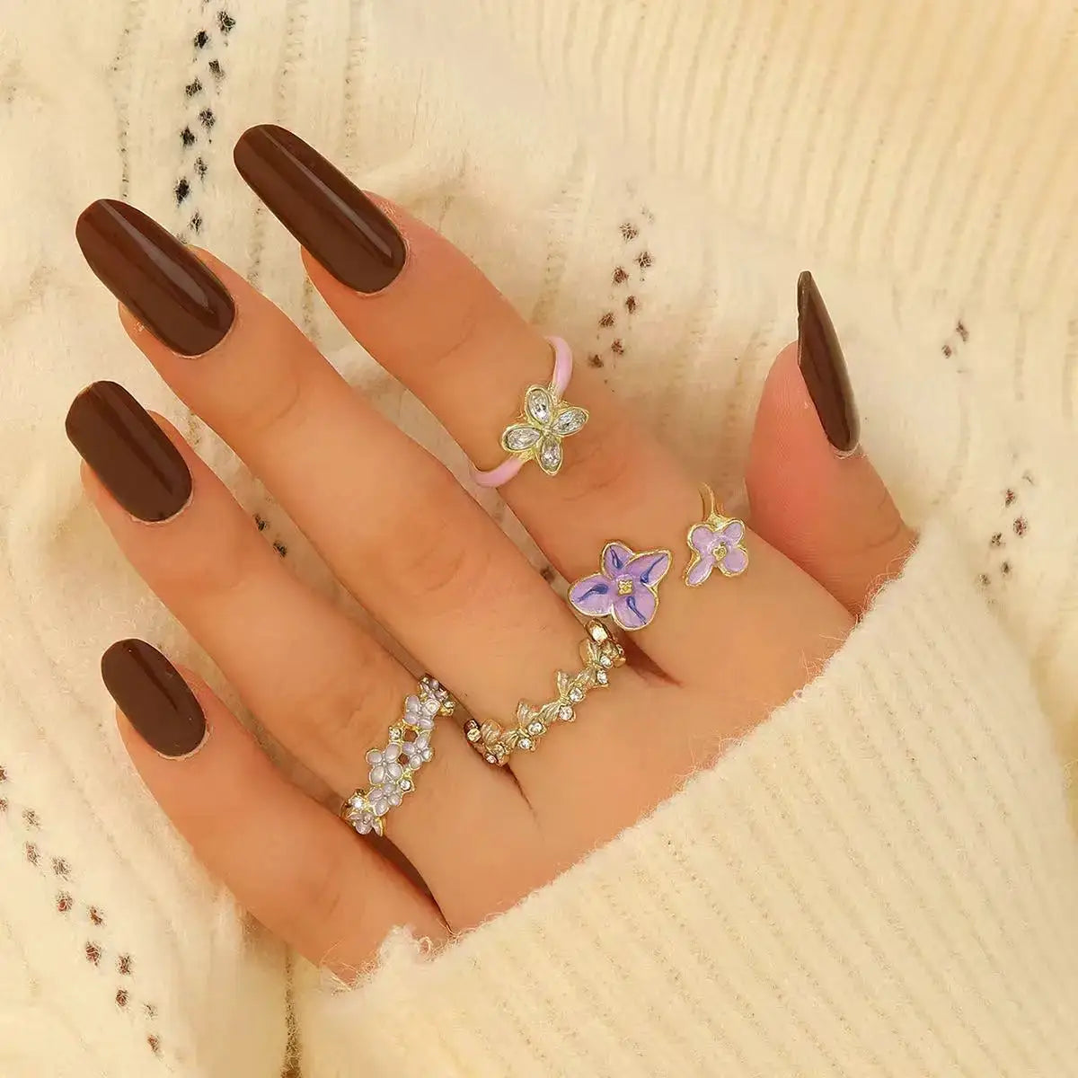 Retro Geometric Pearl Ring Set For Women With Gold Plating Opening Flower Rings Gift