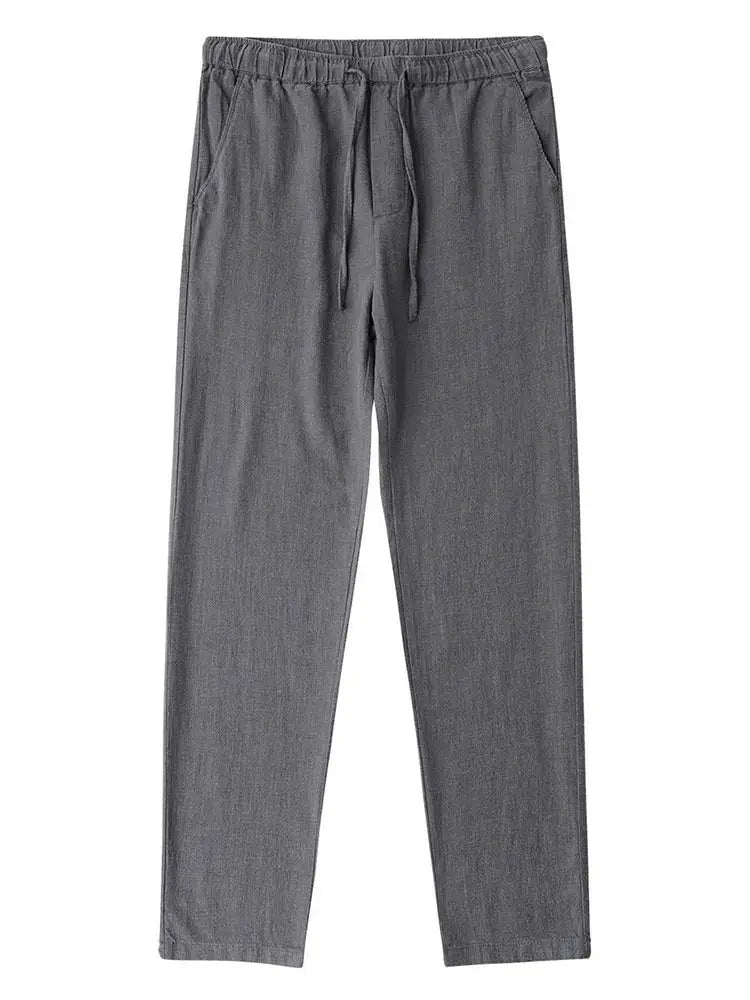 Casual cotton-linen wide-leg chino pants by Simples Market in grey with drawstring waist.