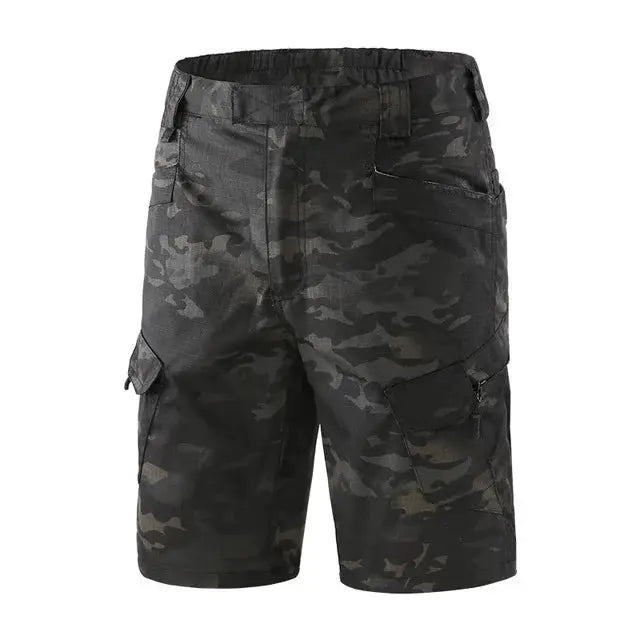 Men's camouflage cargo shorts with multiple pockets; urban military outdoor tactical style
