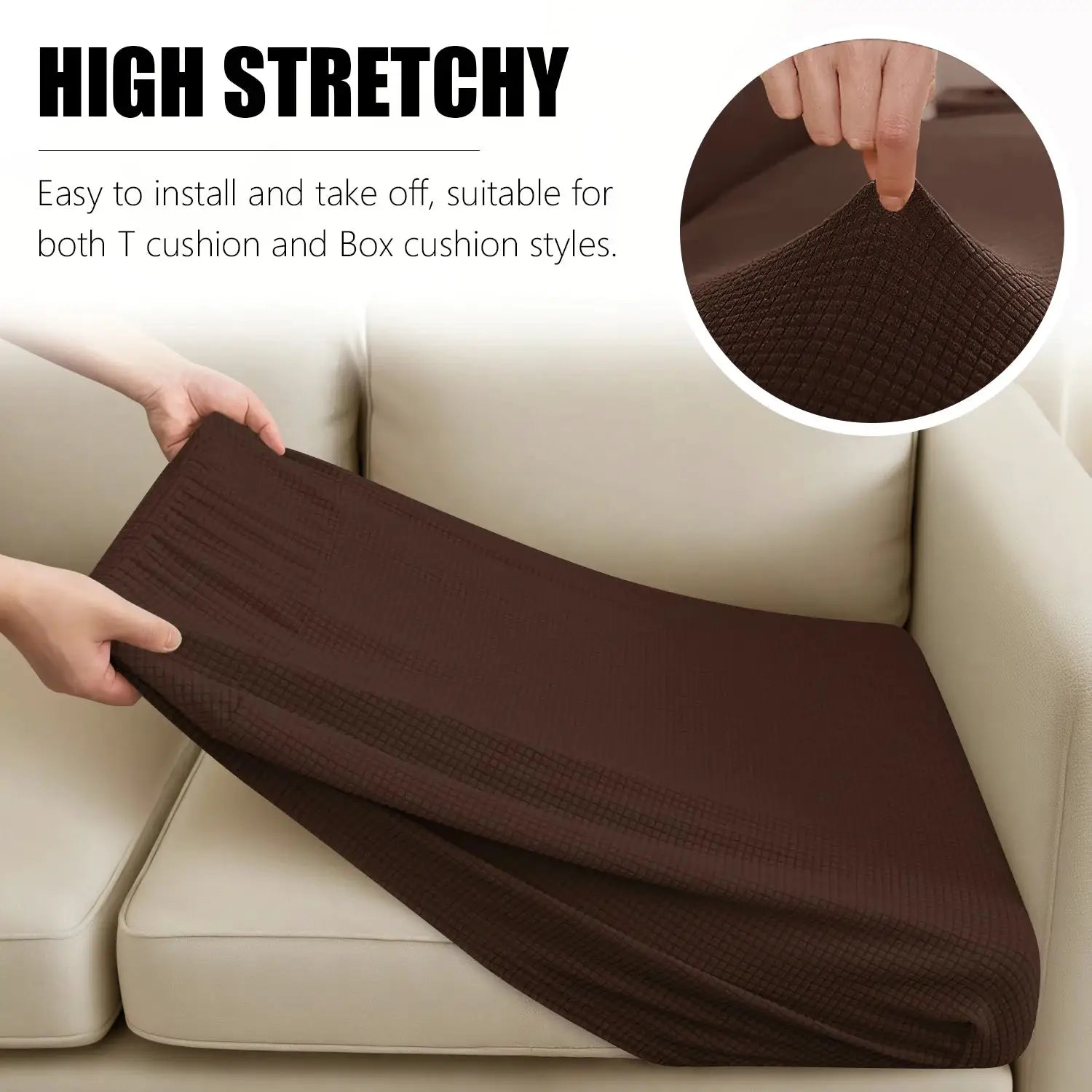 Simples Market brown jacquard sofa cushion cover set for 1–4 seats; waterproof slipcover shown on beige couch