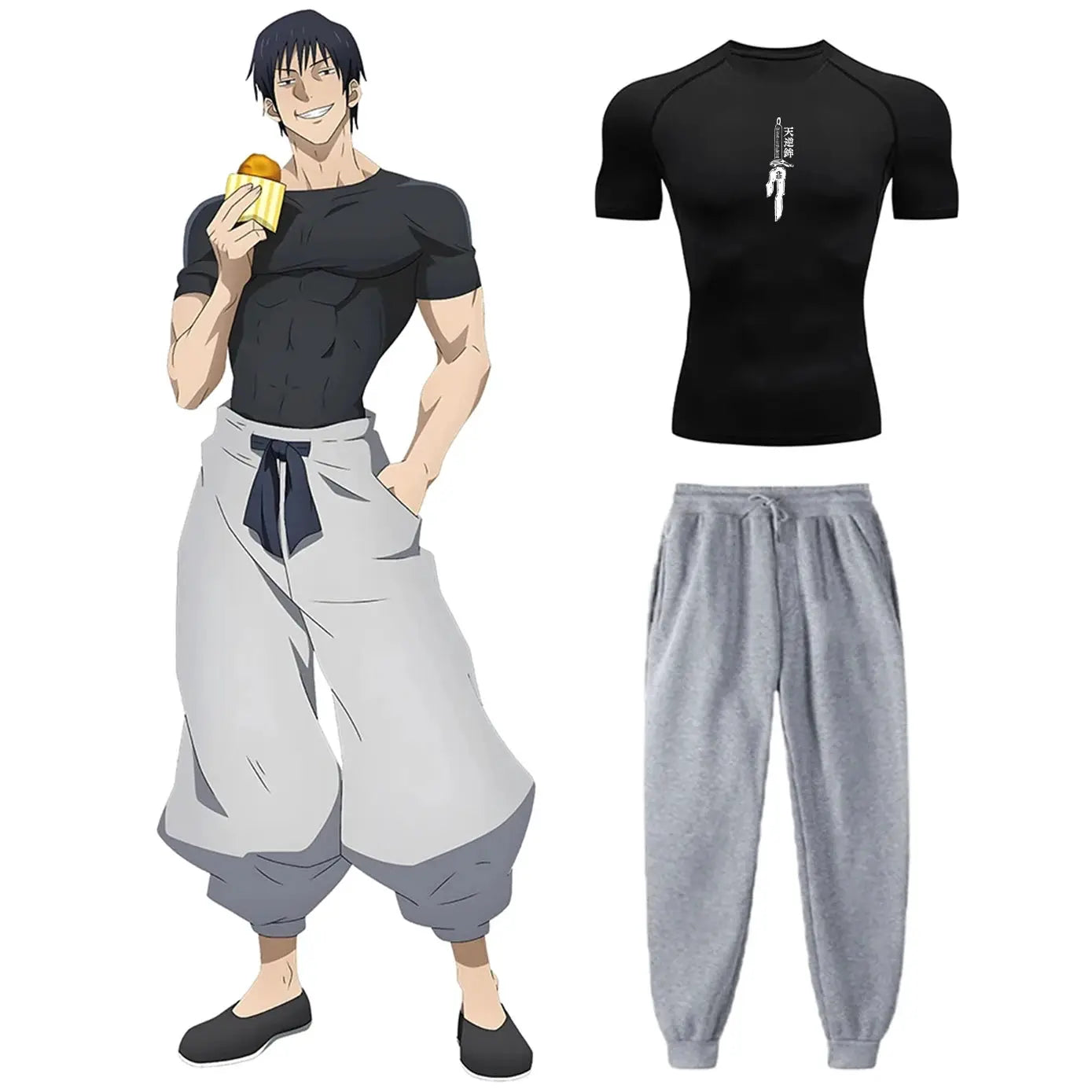 Toji compression shirt set by Simples Market; 2-piece anime athletic wear: black quick-dry tee with vertical graphic + gray sweatpants.