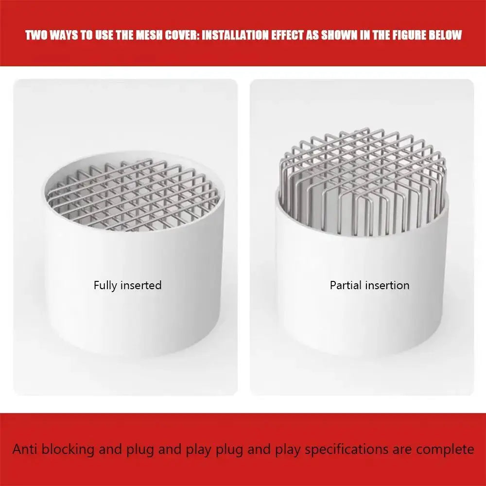 Round stainless steel roof drain cover by Simples Market, anti-blocking grid, shown fully and partially inserted.