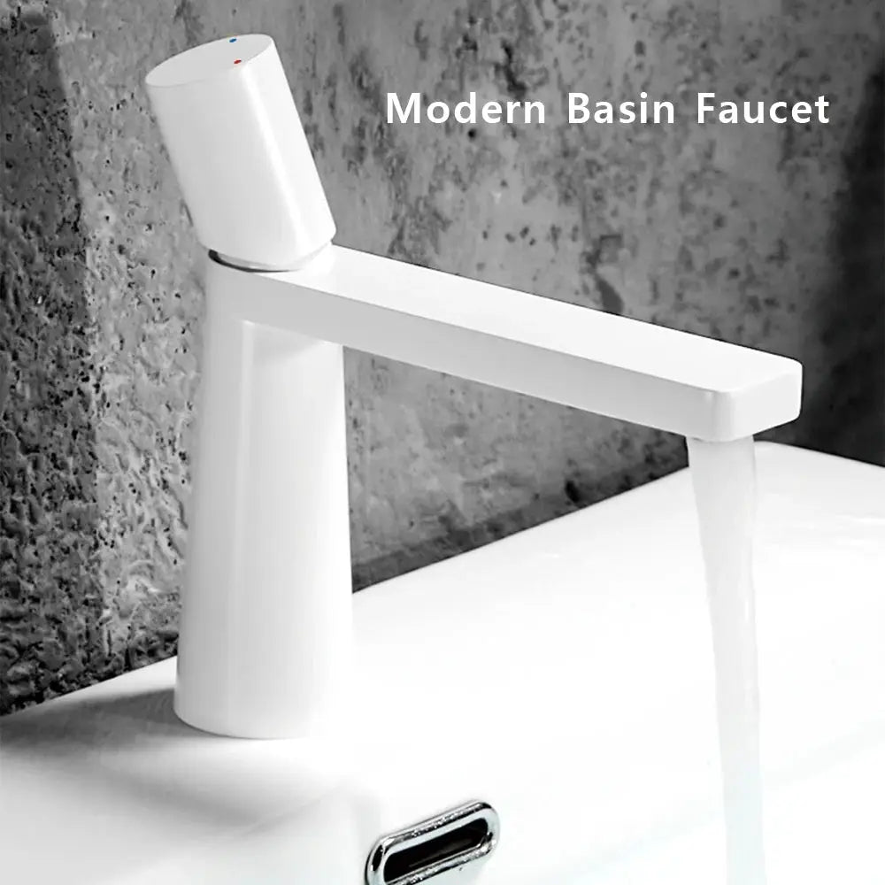 Modern white basin faucet with single-handle control and flat rectangular spout