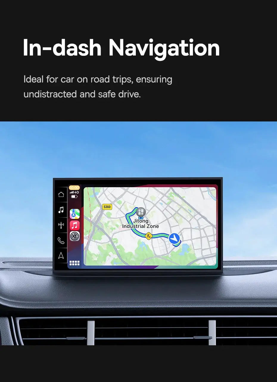 In-dash navigation screen in a car with black bezel, displaying a GPS route map.