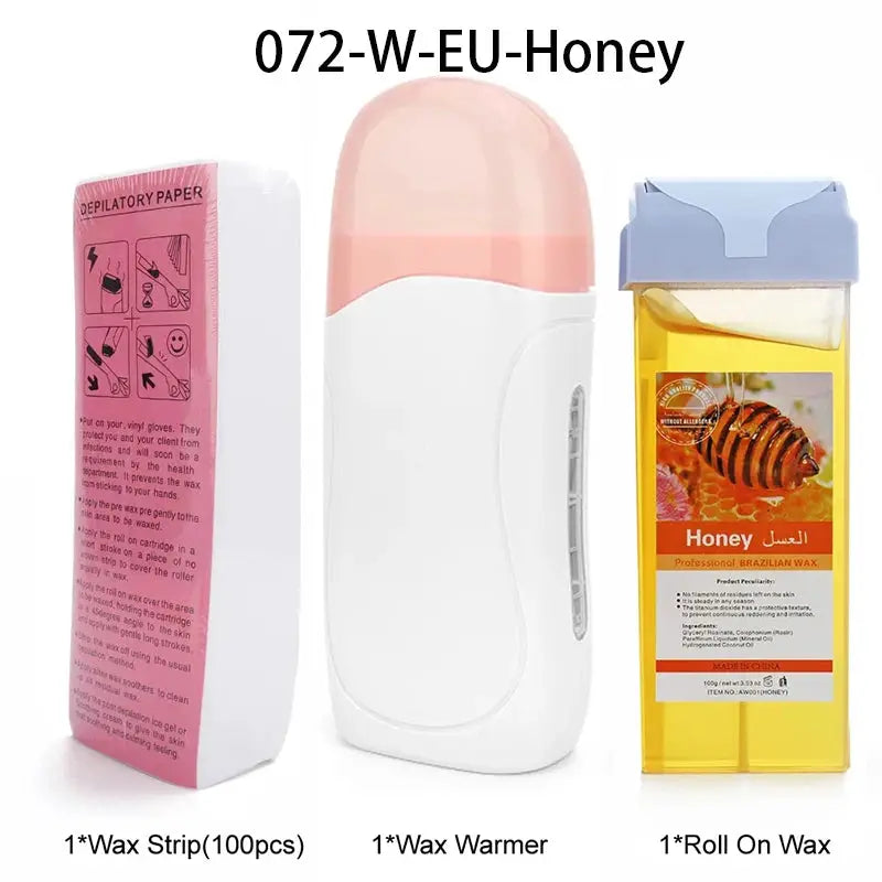 Simples Market unisex waxing kit with 1 wax warmer, honey roll-on wax, and 100 wax strips