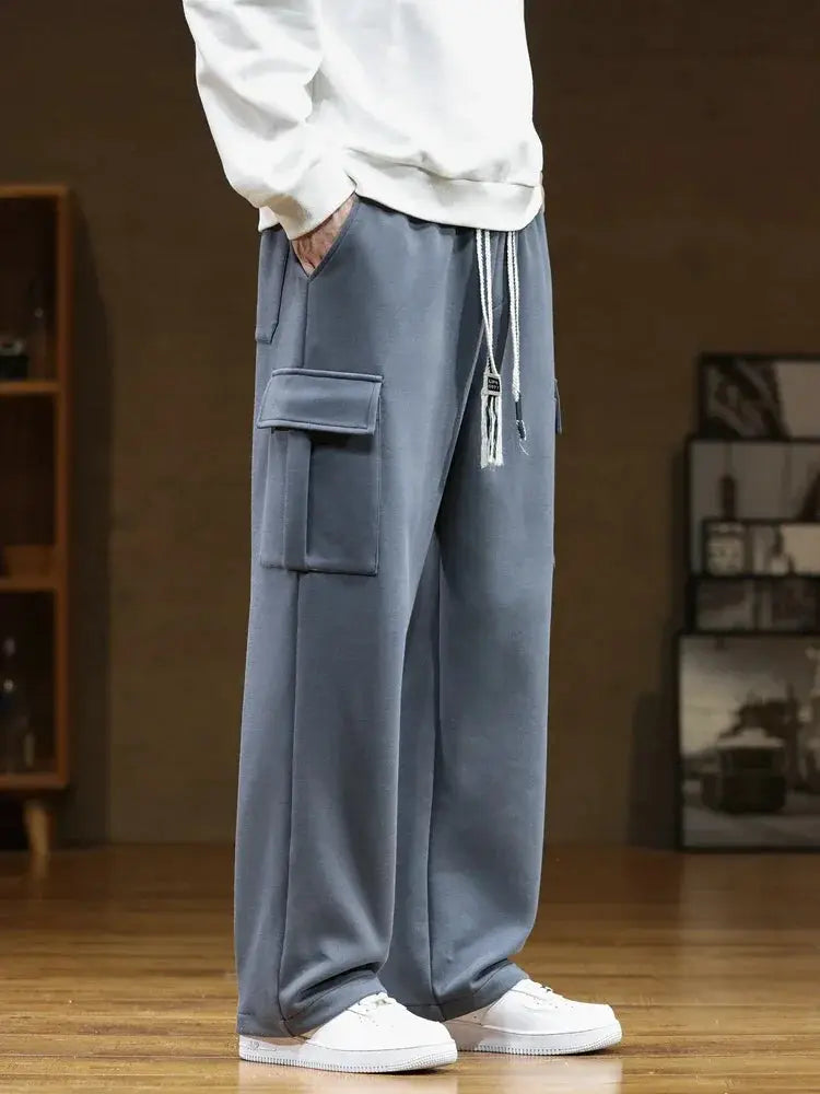 Men's cargo sweatpants with multiple pockets, drawstring waist, cotton blend, wide straight legs in blue-gray.