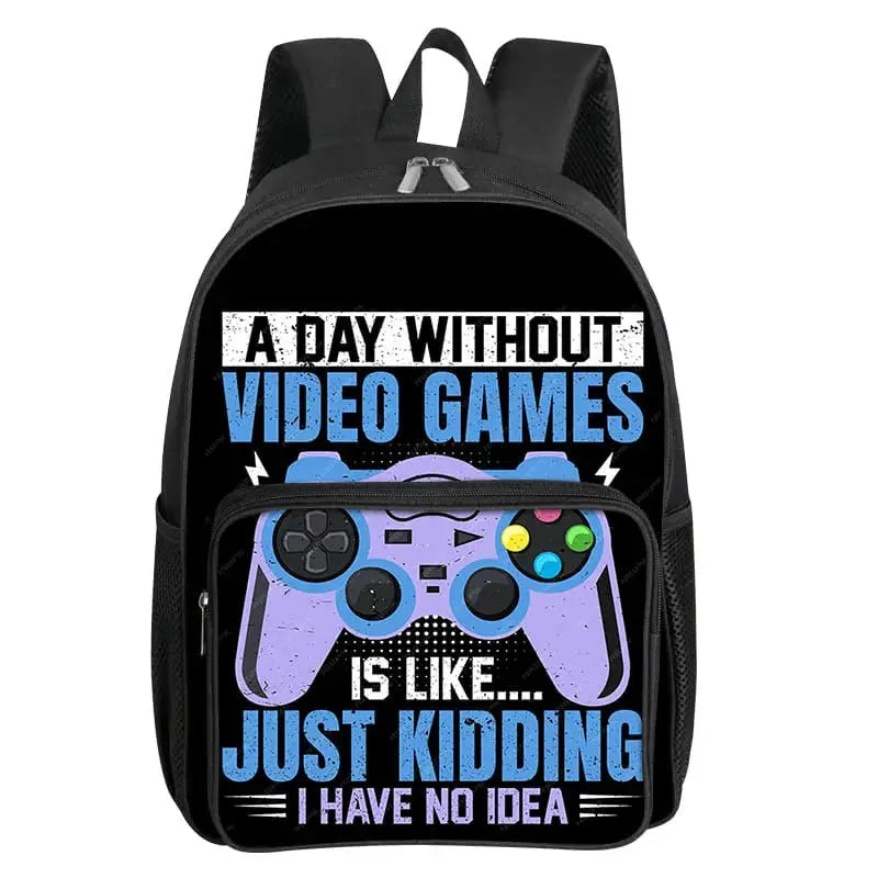 GamePad Pattern square front-pocket backpack in black with blue and purple game controller graphic