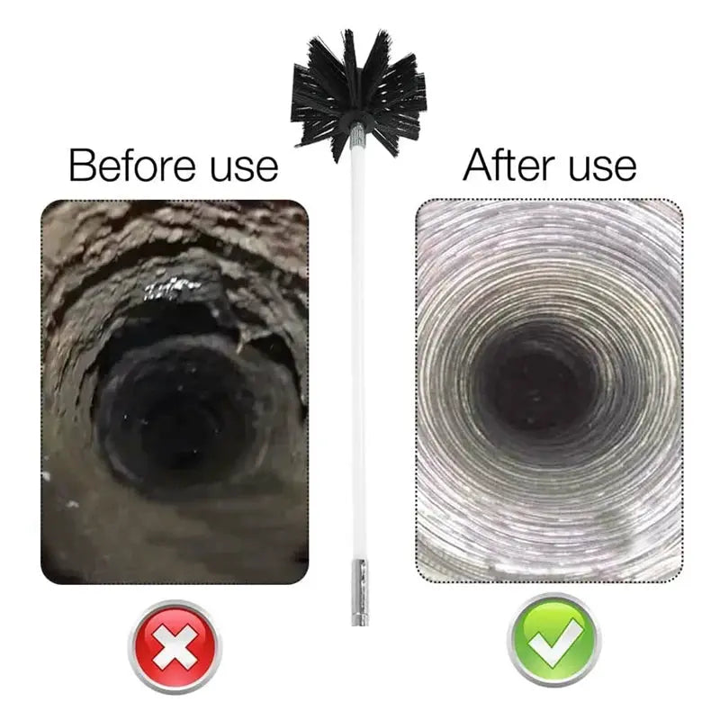 Flexible chimney sweep set with white rod and black nylon brush for soot cleaning by Simples Market