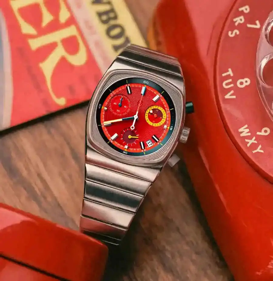 CILOA men's vintage automatic watch with red dial, stainless steel bracelet, chronograph subdials