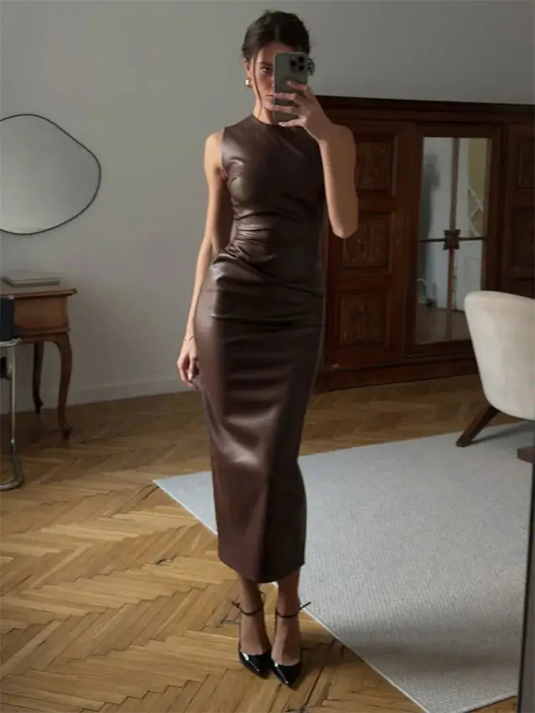 PU Leather Maxi Dress For Women High Waist Sleeveless Patchwork Bodycon Streetwear Flattering Slim Silhouette